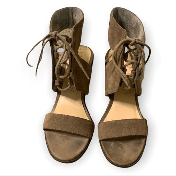 Sole Society Heels Women’s Size 7 Suede Lace Up Block Sandals in Dark Taupe - Picture 2 of 12
